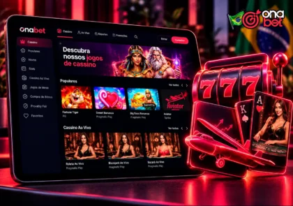 Jogos da Onabet em tablet com símbolos de slots, Aviator e cassino ao vivo.